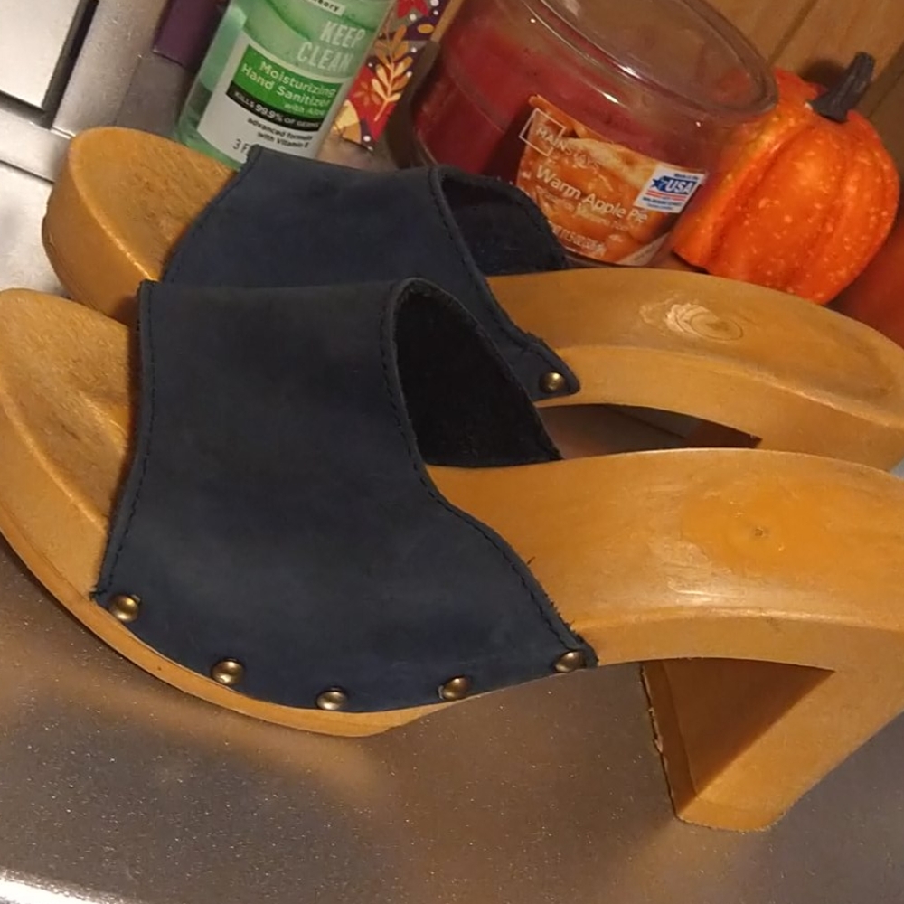 Blue and tan wooden heels